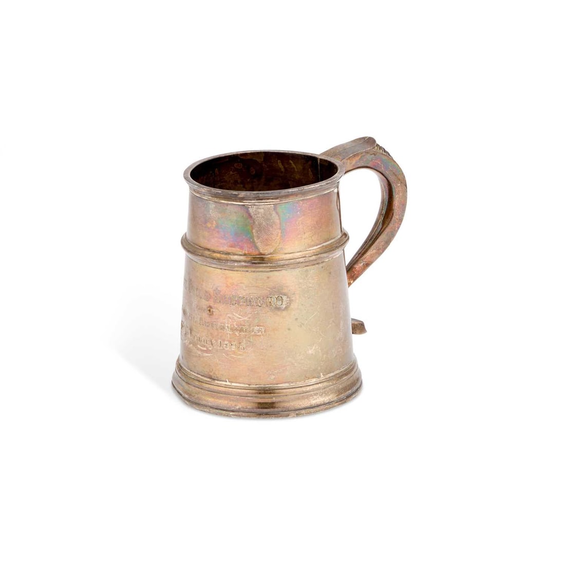 A VICTORIAN BRITANNIA STANDARD SILVER MUG: A VICTORIAN BRITANNIA STANDARD SILVER MUG by Charles Stuart Harris, London 1895, in Georgian style, of tapering cylindrical form with a reeded girdle and beaded S-scroll handle, presentation engraving