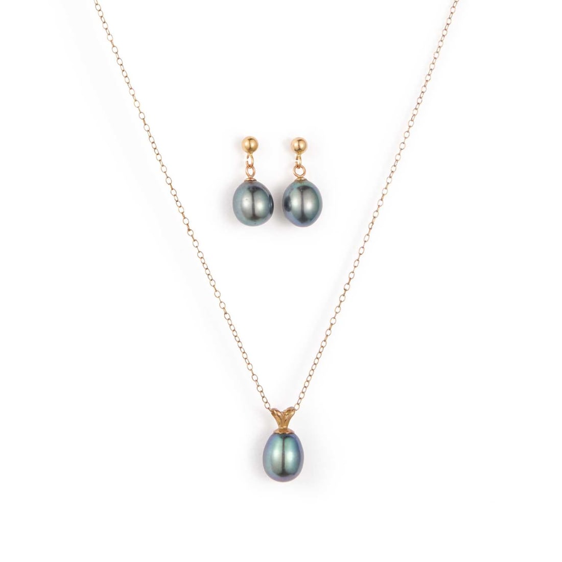A BLACK CULTURED PEARL PENDANT ON CHAIN AND A PAIR OF MATCHING PENDANT EARRINGS: A BLACK CULTURED PEARL PENDANT ON CHAIN AND A PAIR OF MATCHING PENDANT EARRINGS earrings with post fittings, both unmarked. (2) Pendant 1.3cm long, chain 40cm long, earrings 1.6cm long, 3.2 grams gros