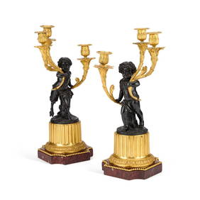 A PAIR OF BRONZE, ORMOLU AND MARBLE FIGURAL THREE-LIGHT CANDELABRA AFTER CLODION, 19TH CENTURY (1 of 1)