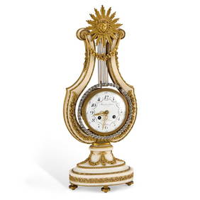 A FRENCH GILT-BRONZE MOUNTED WHITE MARBLE LYRE MANTEL CLOCK SIGNED HOWELL & JAMES TO THE QUEEN, (1 of 1)