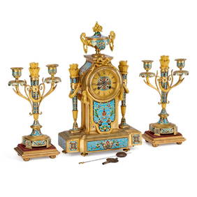 A FINE 19TH CENTURY FRENCH CHAMPLEVÉ ENAMEL CLOCK GARNITURE SIGNED PROSPER ROUSSEL, PARIS (1 of 6)
