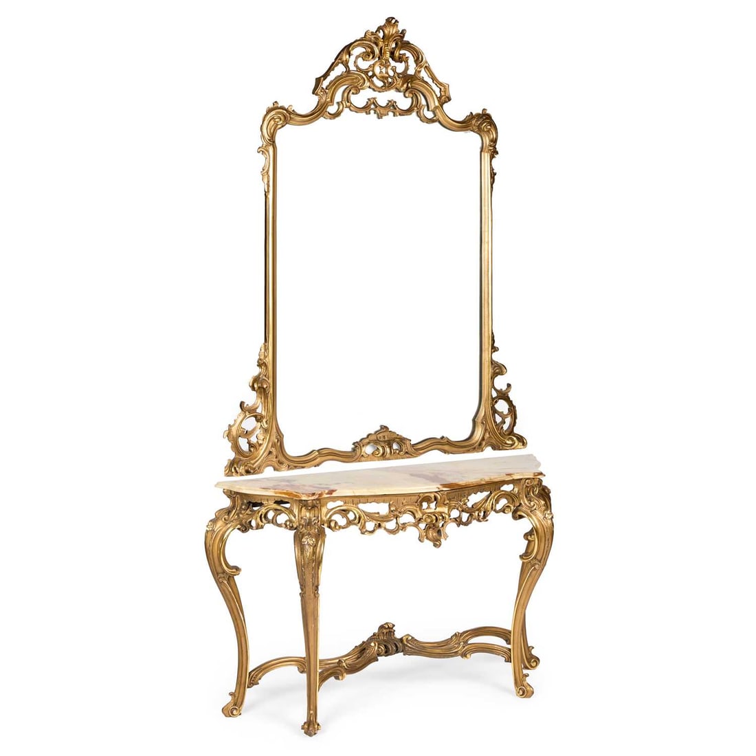 A ROCOCO REVIVAL CONSOLE TABLE AND MIRROR: A ROCOCO REVIVAL CONSOLE TABLE AND MIRROR the gilt-composition mirror with an acanthus leaf moulded scrolling crest and spandrels, the console table with an onyx top above a pierced and foliate scroll
