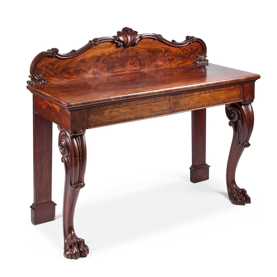 A 19TH CENTURY MAHOGANY CONSOLE TABLE: A 19TH CENTURY MAHOGANY CONSOLE TABLE with a pair of frieze drawers, raised on scroll-carved forelegs terminating in large paw feet. 127cm high, 153cm long, 62cm wide