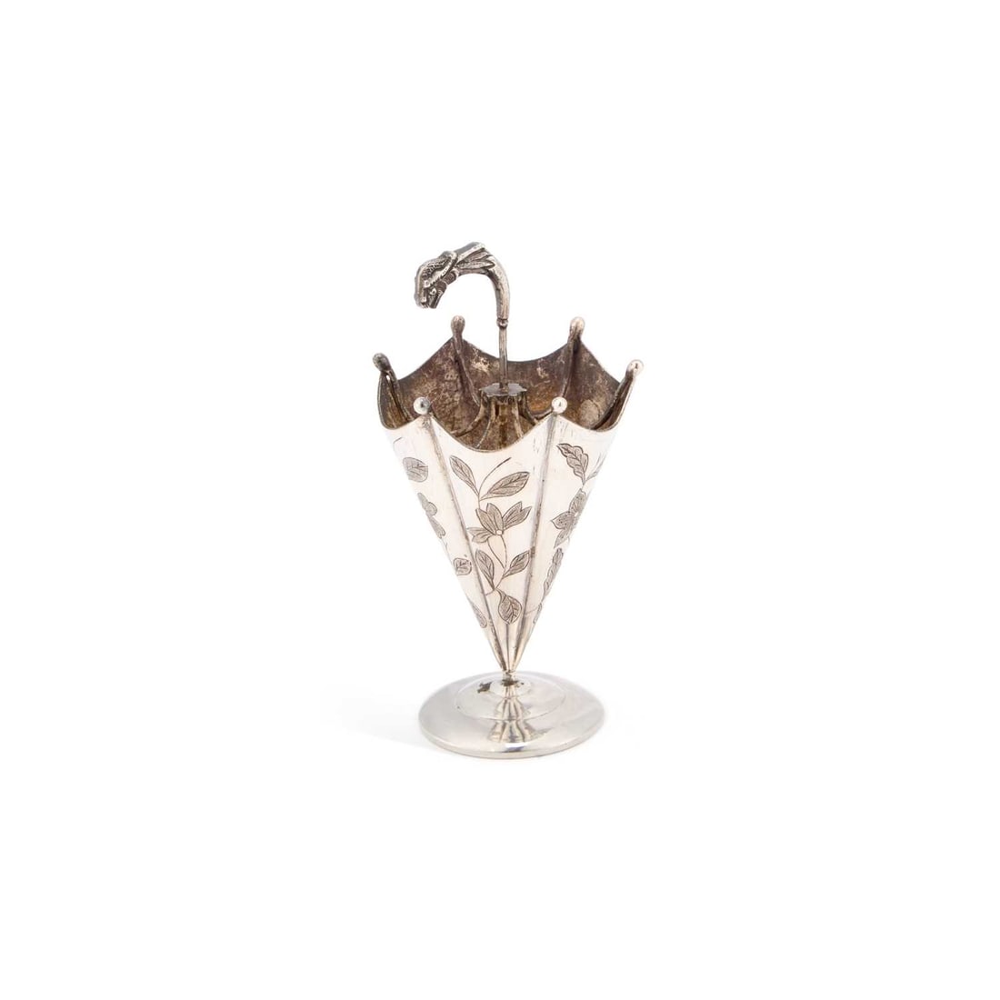 A CHINESE SILVER NOVELTY TOOTHPICK HOLDER: A CHINESE SILVER NOVELTY TOOTHPICK HOLDER marked twice to the base, modelled as an umbrella. 8.2cm high In very good condition without damage.