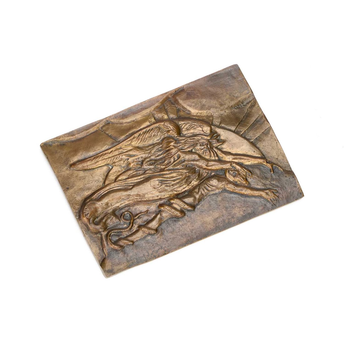 A BRONZE PLAQUE: A BRONZE PLAQUE cast with the image of Elohim creating Adam by William Blake, the back stamped SPENCER, S. MINT / WILLIAM BLAKE. 19cm by 13cm