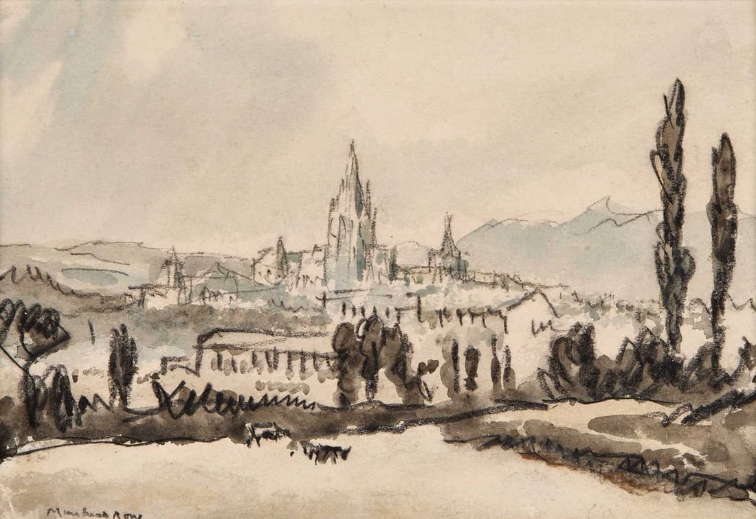 ‡ SIR MUIRHEAD BONE (1876-1953) VIEW OF OVIEDO, SPAIN: ‡ SIR MUIRHEAD BONE (1876-1953) VIEW OF OVIEDO, SPAIN Signed Charcoal and wash (11.5cm x 17cm)