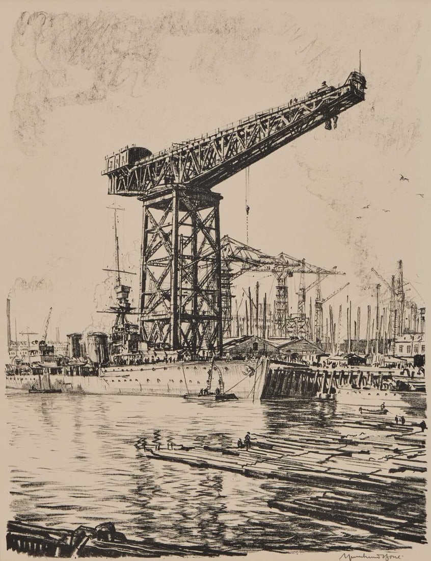 ‡ SIR MUIRHEAD BONE (1876-1953) SHIP BUILDING ON THE CLYDE, FITTING OUT BASIN: ‡ SIR MUIRHEAD BONE (1876-1953) SHIP BUILDING ON THE CLYDE, FITTING OUT BASIN Signed in pencil Lithograph Mounted but unframed (48cm x 37cm)