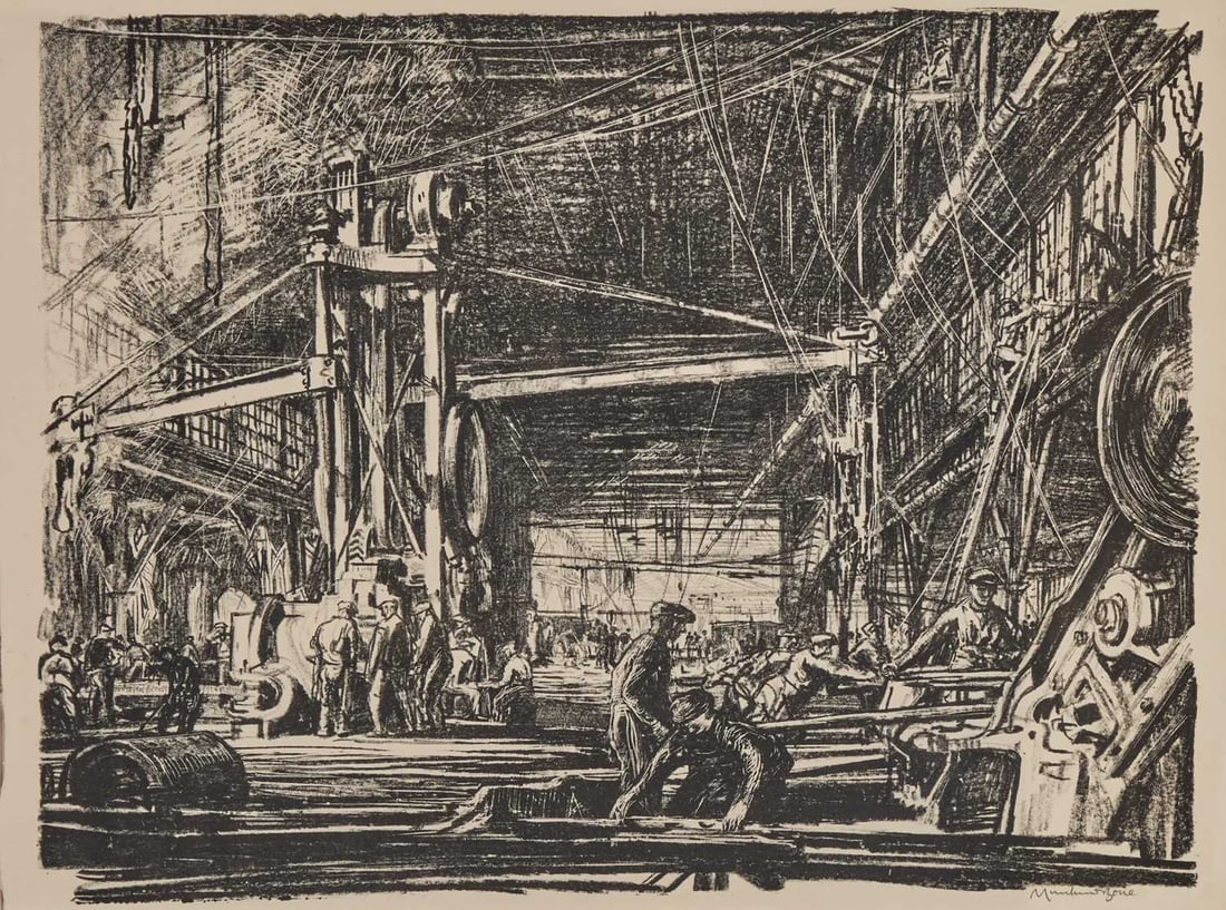 ‡ SIR MUIRHEAD BONE (1876-1953) SHIP BUILDING ON THE CLYDE, A WORKSHOP: ‡ SIR MUIRHEAD BONE (1876-1953) SHIP BUILDING ON THE CLYDE, A WORKSHOP Signed Lithograph Unframed (38cm x 50cm)
