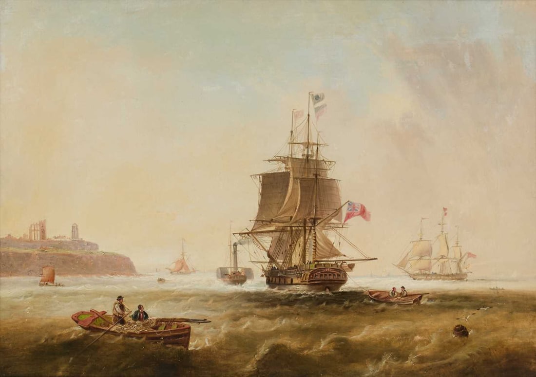 JOHN SCOTT (1802-1885) WARSHIP UNDER TOW, TYNEMOUTH: JOHN SCOTT (1802-1885) WARSHIP UNDER TOW, TYNEMOUTH Oil on canvas Provenance: Purchased at Christies 11th May, 1995 (41.5cm x 59cm)