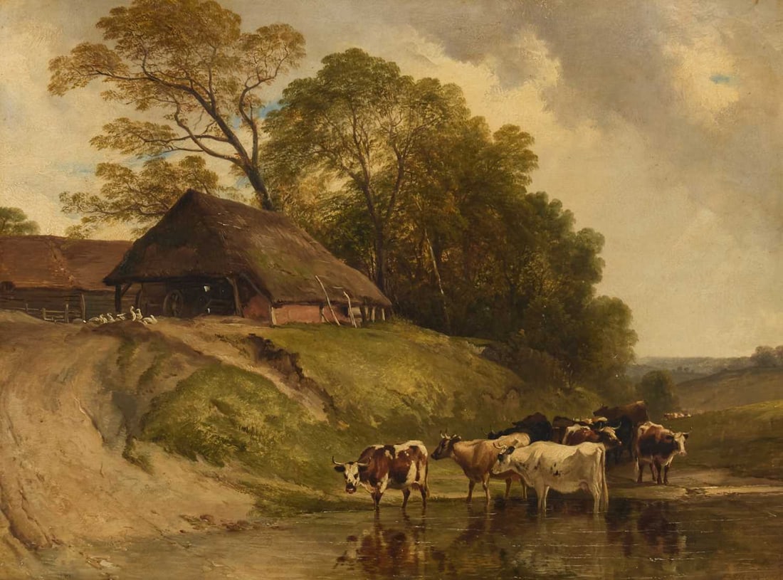 THOMAS SIDNEY COOPER RA (1803-1902) AND FREDERICK RICHARD LEE RA (1798-1879) 'A WATERING PLACE',: THOMAS SIDNEY COOPER RA (1803-1902) AND FREDERICK RICHARD LEE RA (1798-1879) 'A WATERING PLACE', CATTLE WATERING AT A FORD NEAR FARM BUILDINGS Signed Oil on board Four Christies stencil marks verso an