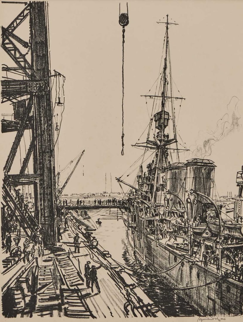 ‡ SIR MUIRHEAD BONE (1876-1953) SHIP BUILDING ON THE CLYDE, READY FOR SEA: ‡ SIR MUIRHEAD BONE (1876-1953) SHIP BUILDING ON THE CLYDE, READY FOR SEA Signed Lithograph Mounted but unframed (47.5cm x 36.5cm)
