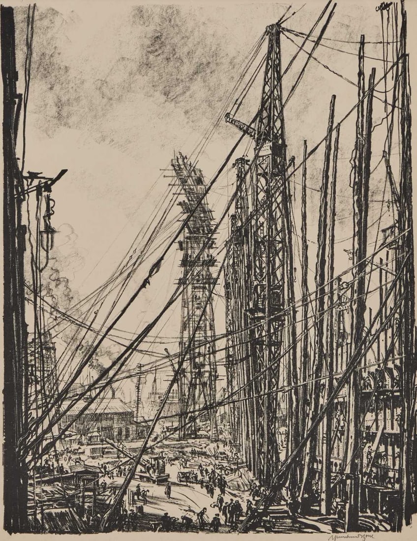 SIR MUIRHEAD BONE (1876-1953) SHIP BUILDING ON THE CLYDE, THE SHIPYARD: SIR MUIRHEAD BONE (1876-1953) SHIP BUILDING ON THE CLYDE, THE SHIPYARD Signed Lithograph Mounted but unframed (48.5cm x 37.5cm)
