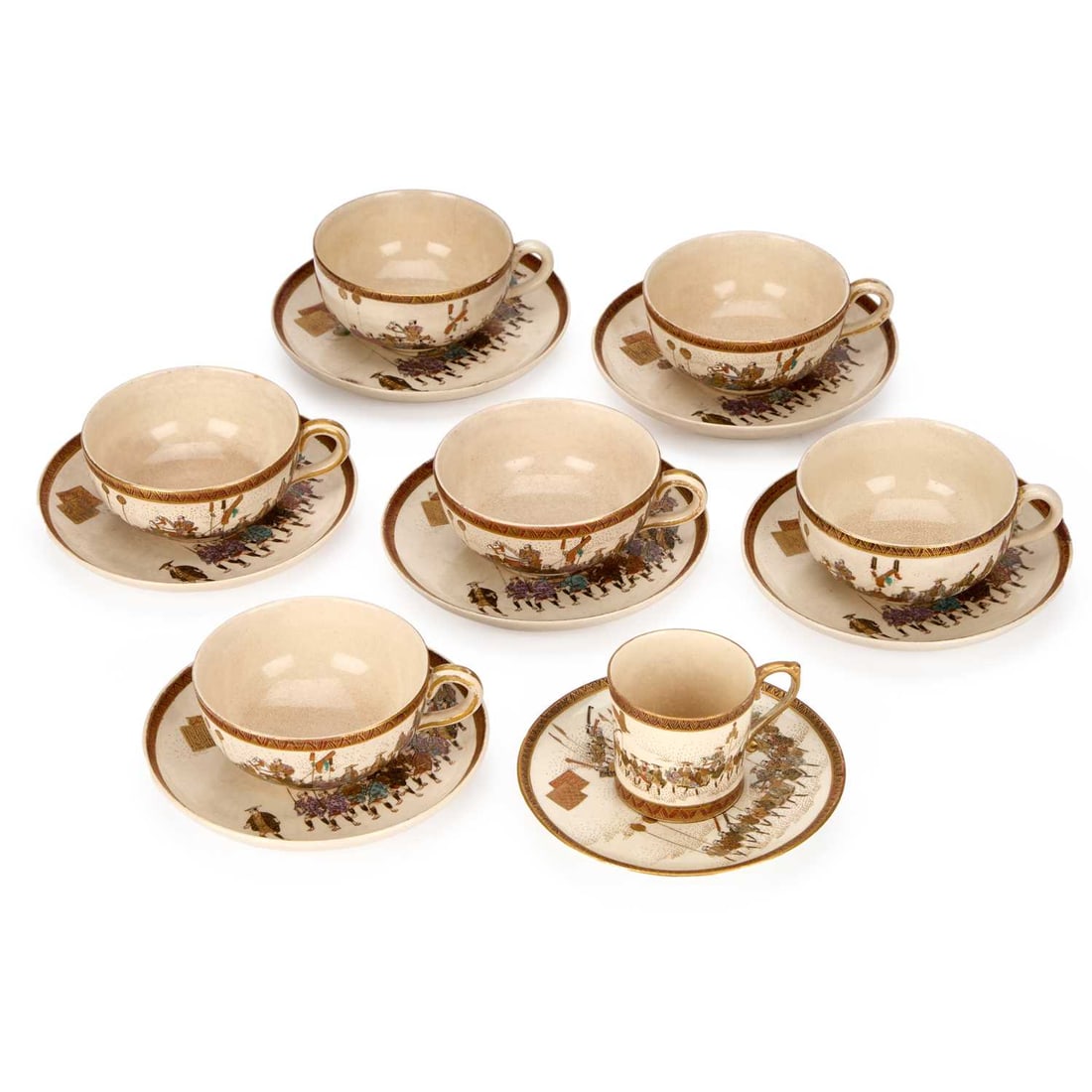 A COLLECTION OF JAPANESE SATSUMA TEA AND COFFEE WARES EARLY 20TH CENTURY: A COLLECTION OF JAPANESE SATSUMA TEA AND COFFEE WARES EARLY 20TH CENTURY comprising six tea cups, saucers and a coffee can and saucer, each decorated with warriors and highlighted with gilding. (14) L