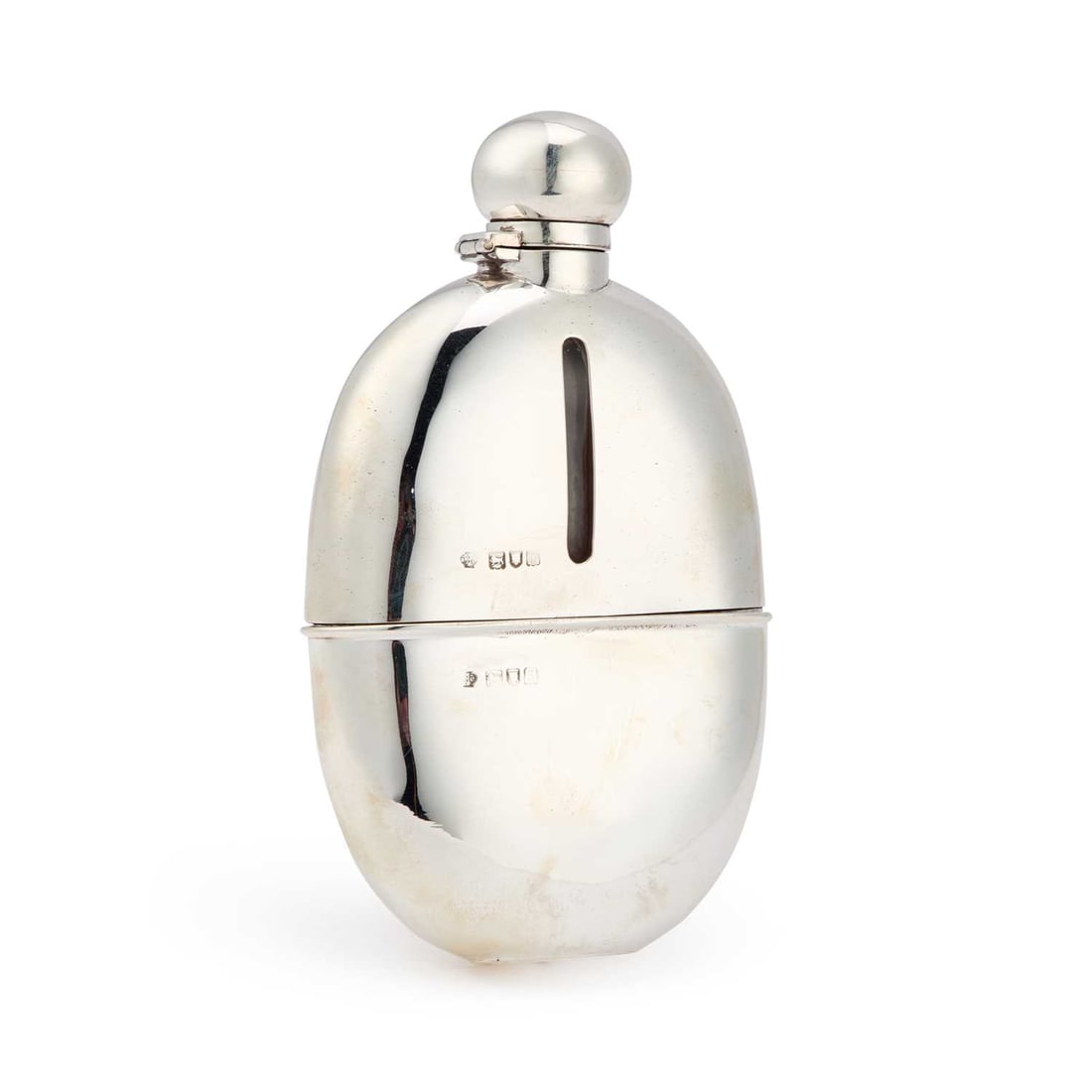 A LARGE EDWARDIAN SILVER AND GLASS HIP FLASK: A LARGE EDWARDIAN SILVER AND GLASS HIP FLASK by William Hutton & Sons Ltd, London 1904, of oval form with a removable cup to the base and bayonet cap. 16.5cm high