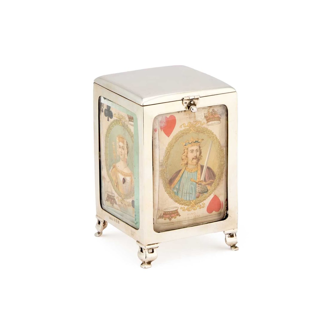AN EDWARDIAN SILVER PLAYING CARD BOX: AN EDWARDIAN SILVER PLAYING CARD BOX by William Harrison Walter, Birmingham 1903, of square section and on four openwork feet, each side with a playing card under a glazed panel, the hinged cover open