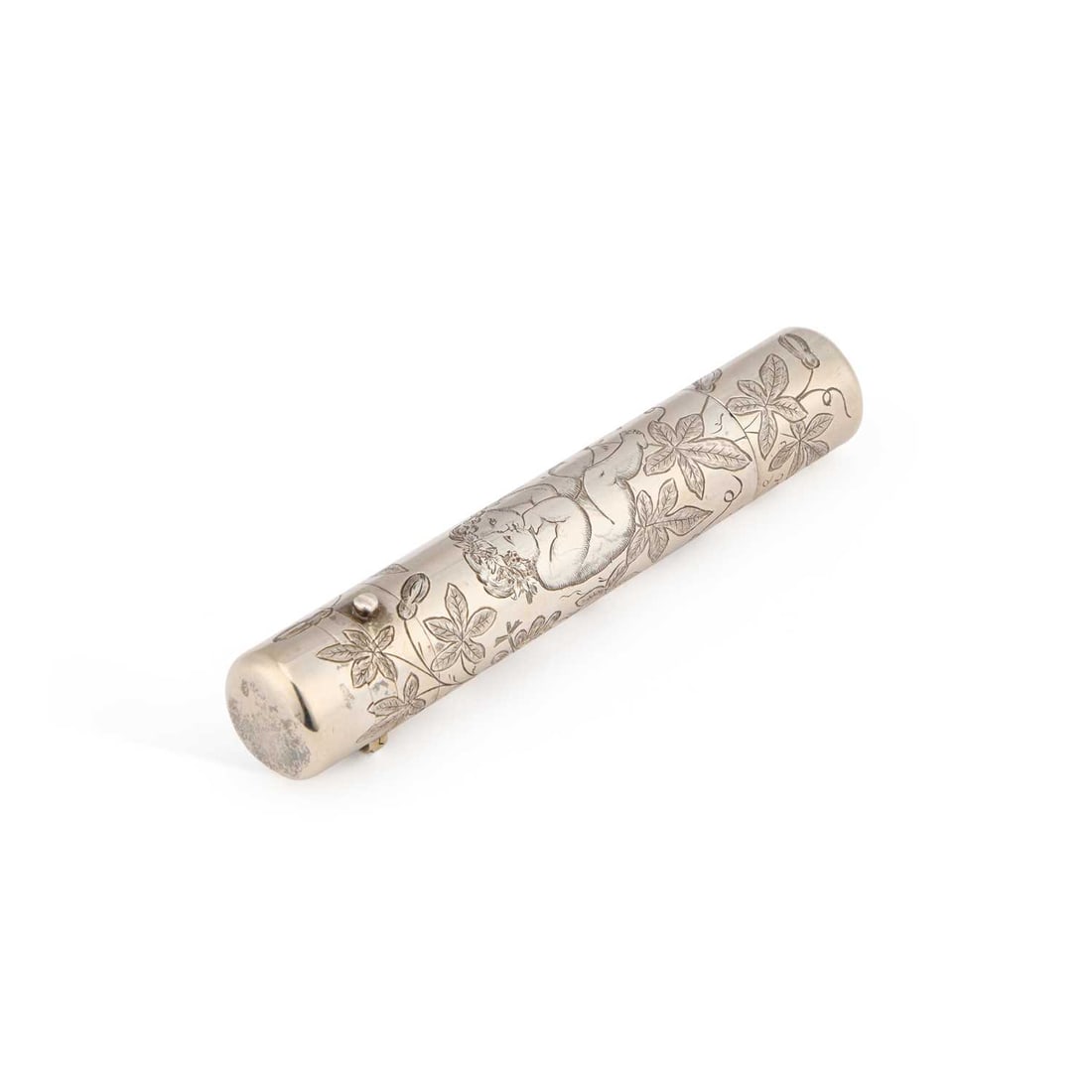 A LARGE VICTORIAN AESTHETIC SILVER SCENT FLASK: A LARGE VICTORIAN AESTHETIC SILVER SCENT FLASK by Sampson Mordan & Co, London 1882, of cylindrical form, with a hinged cover to one end and a screw-on cap to the other, engraved with a pair of put