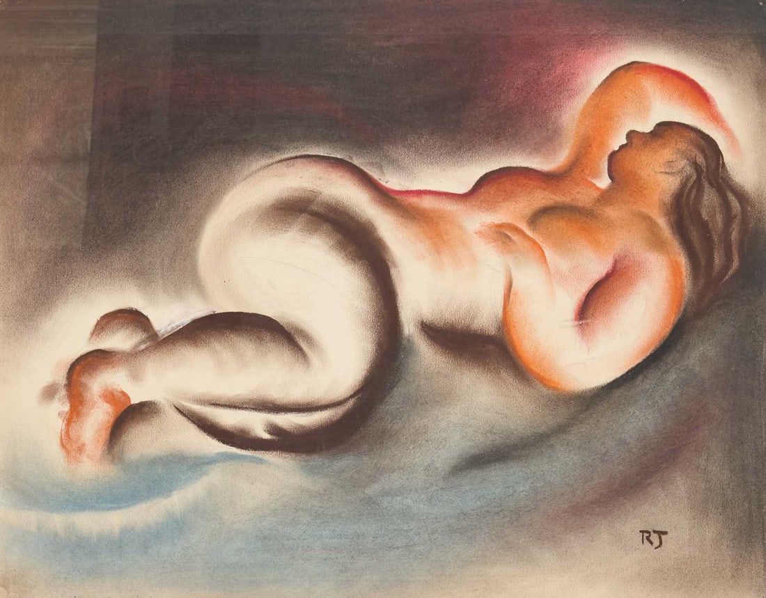 FREDERICK ROBERT JOHNSON (1900-1986) RECLINING NUDE: FREDERICK ROBERT JOHNSON (1900-1986) RECLINING NUDE ‡ Signed with initials Watercolour and pastel 45.5cm x 58cm