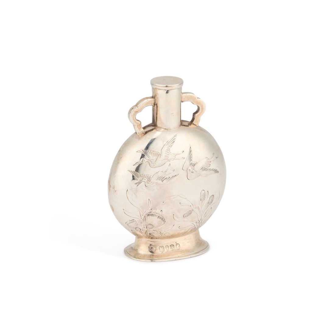 A VICTORIAN AESTHETIC SILVER SCENT FLASK: A VICTORIAN AESTHETIC SILVER SCENT FLASK by George William Adams, London 1888, in the form of a moon flask, engraved in the Japanese taste with cranes and stylised foliage. 10.5cm high, 3.5 troy ounce