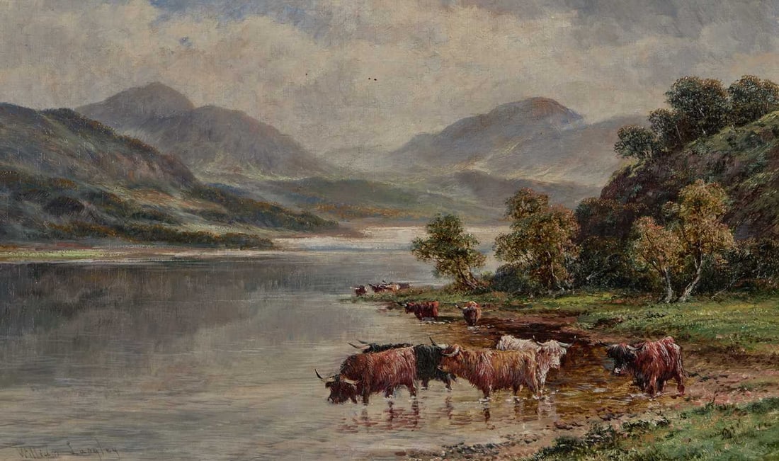 WILLIAM LANGLEY (FL CIRCA 1890-1920) HIGHLAND CATTLE IN AN EXPANSIVE LANDSCAPE: WILLIAM LANGLEY (FL CIRCA 1890-1920) HIGHLAND CATTLE IN AN EXPANSIVE LANDSCAPE Signed Oil on canvas (29cm x 50cm)