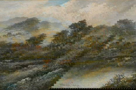 WILLIAM LANGLEY (FL 1890-1920) CATTLE WATERING WITH DISTANT HILLS: WILLIAM LANGLEY (FL 1890-1920) CATTLE WATERING WITH DISTANT HILLS Signed Oil on canvas (40cm x 60cm)