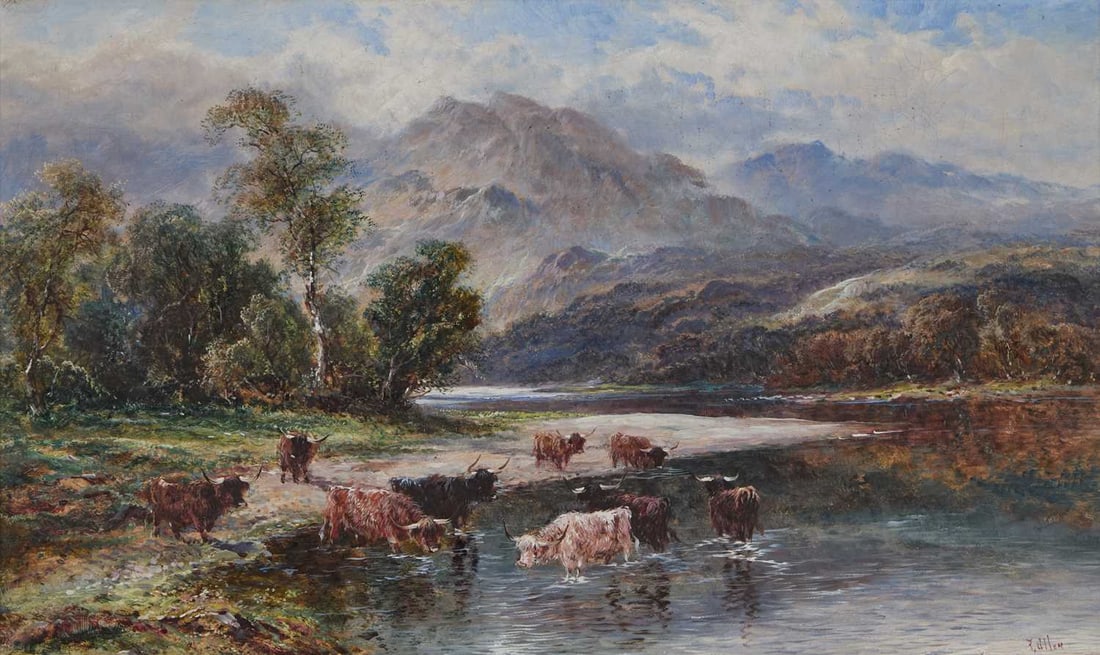 WILLIAM LANGLEY (F ALLEN) (FL 1890-1920) HIGHLAND CATTLE IN RIVER: WILLIAM LANGLEY (F ALLEN) (FL 1890-1920) HIGHLAND CATTLE IN RIVER Signed F Allen Oil on canvas (29cm x 50cm)