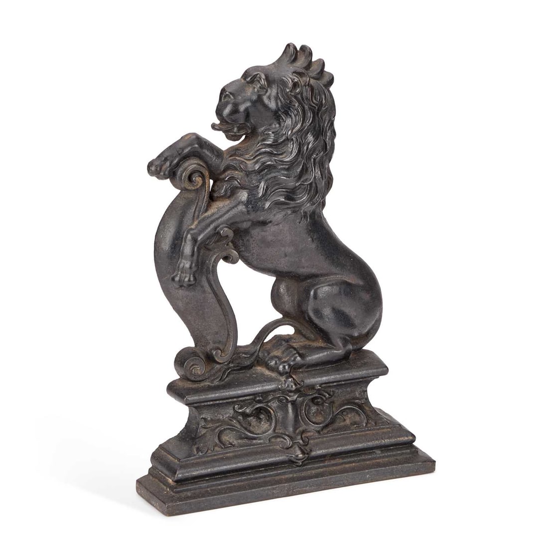 A 19TH CENTURY CAST IRON DOOR STOP: A 19TH CENTURY CAST IRON DOOR STOP cast as a lion rampant. 39cm high