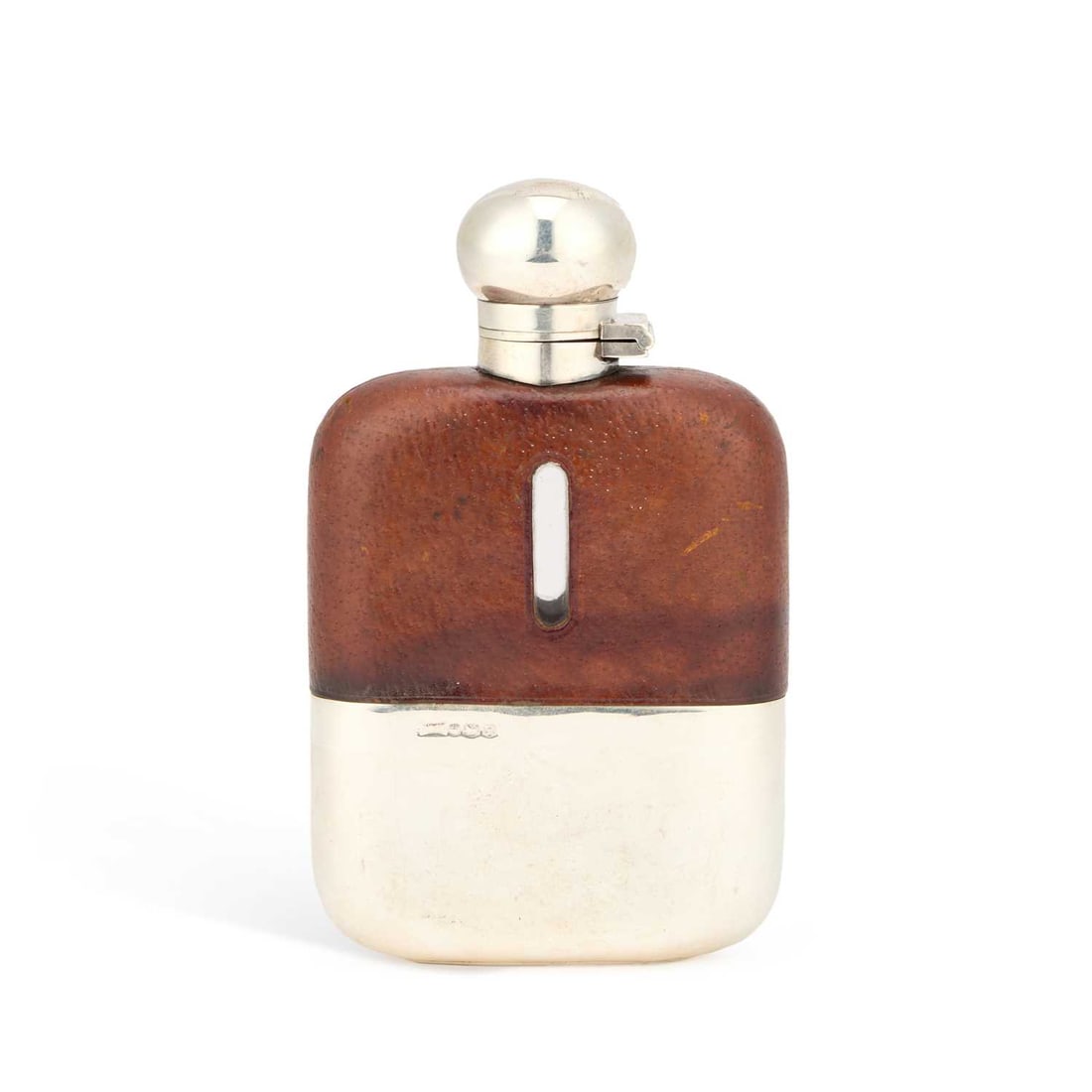 AN ELIZABETH II SILVER-MOUNTED SPIRIT FLASK: AN ELIZABETH II SILVER-MOUNTED SPIRIT FLASK by Walker & Hall, Sheffield 1959, with a bayonet cap above a leather-covered upper body, the lower body with a detachable cup. 14cm high