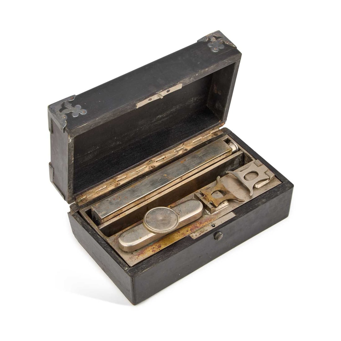 A VICTORIAN SILVER-MOUNTED HARDWOOD CASE: A VICTORIAN SILVER-MOUNTED HARDWOOD CASE London 1892, containing a metal flask, burner and folding stand. 16.5cm long
