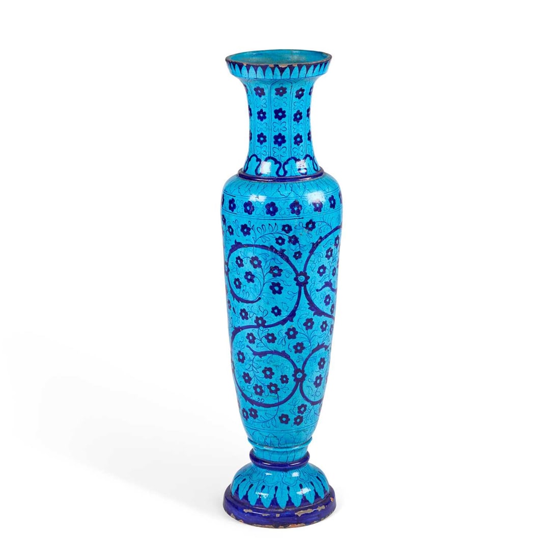 A MONUMENTAL MULTAN EARTHENWARE VASE CIRCA 1880: A MONUMENTAL MULTAN EARTHENWARE VASE CIRCA 1880 of amphora form, blue and turquoise painted with scrolling flowers and foliage between stiff leaf bands to the shoulder and foot. 92cm high