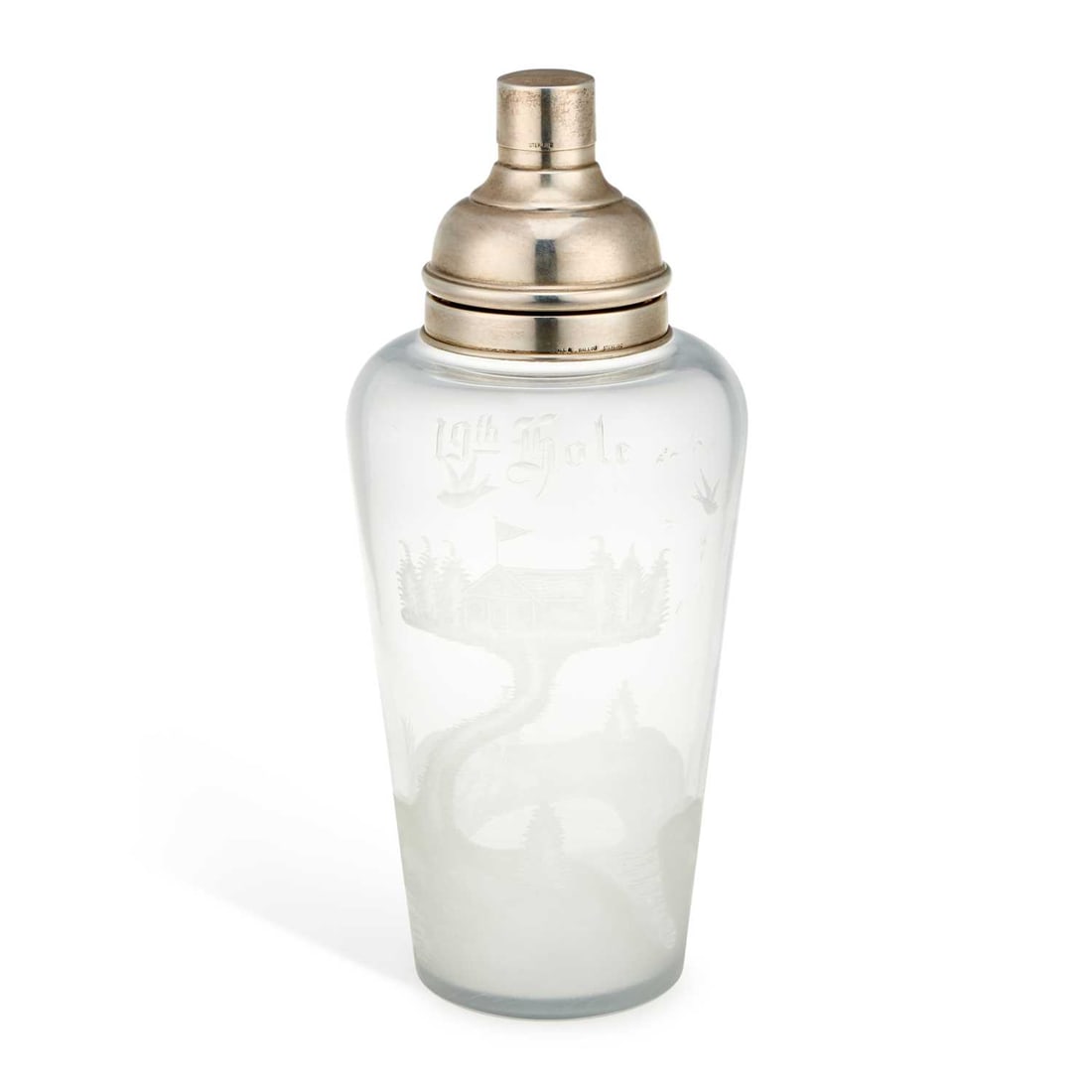 GOLFING INTEREST: A LARGE AMERICAN STERLING SILVER MOUNTED COCKTAIL SHAKER: GOLFING INTEREST: A LARGE AMERICAN STERLING SILVER MOUNTED COCKTAIL SHAKER signed UDALL & BALLOU and stamped STERLING, the glass body acid etched with a clubhouse beneath 1