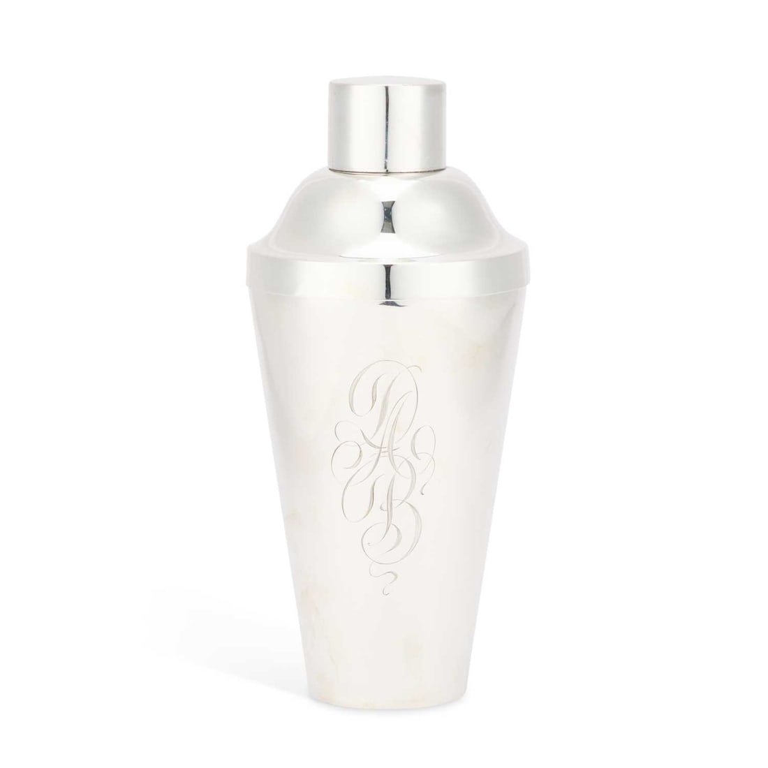AN AMERICAN STERLING SILVER COCKTAIL SHAKER: AN AMERICAN STERLING SILVER COCKTAIL SHAKER by Gorham, early 20th Century, of plain tapering form, engraved with initials. 21.5cm high, 10 troy ounces