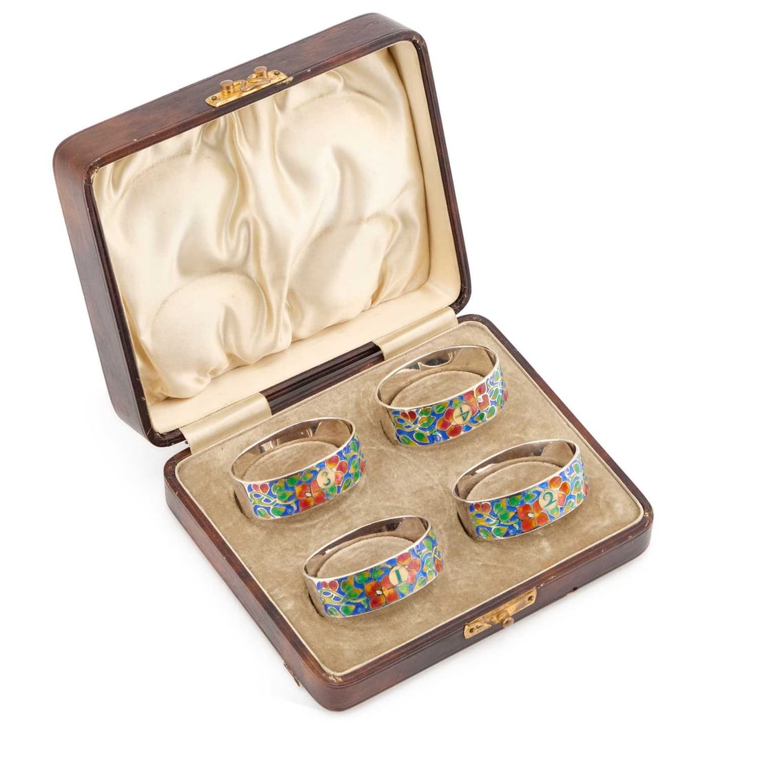 A SET OF FOUR ARTS AND CRAFTS SILVER AND ENAMEL NAPKIN RINGS: A SET OF FOUR ARTS AND CRAFTS SILVER AND ENAMEL NAPKIN RINGS by Langstone Silver Works (Bernard Instone) and signed Bernard Instone, Birmingham 1929, oval, enamelled to the fr