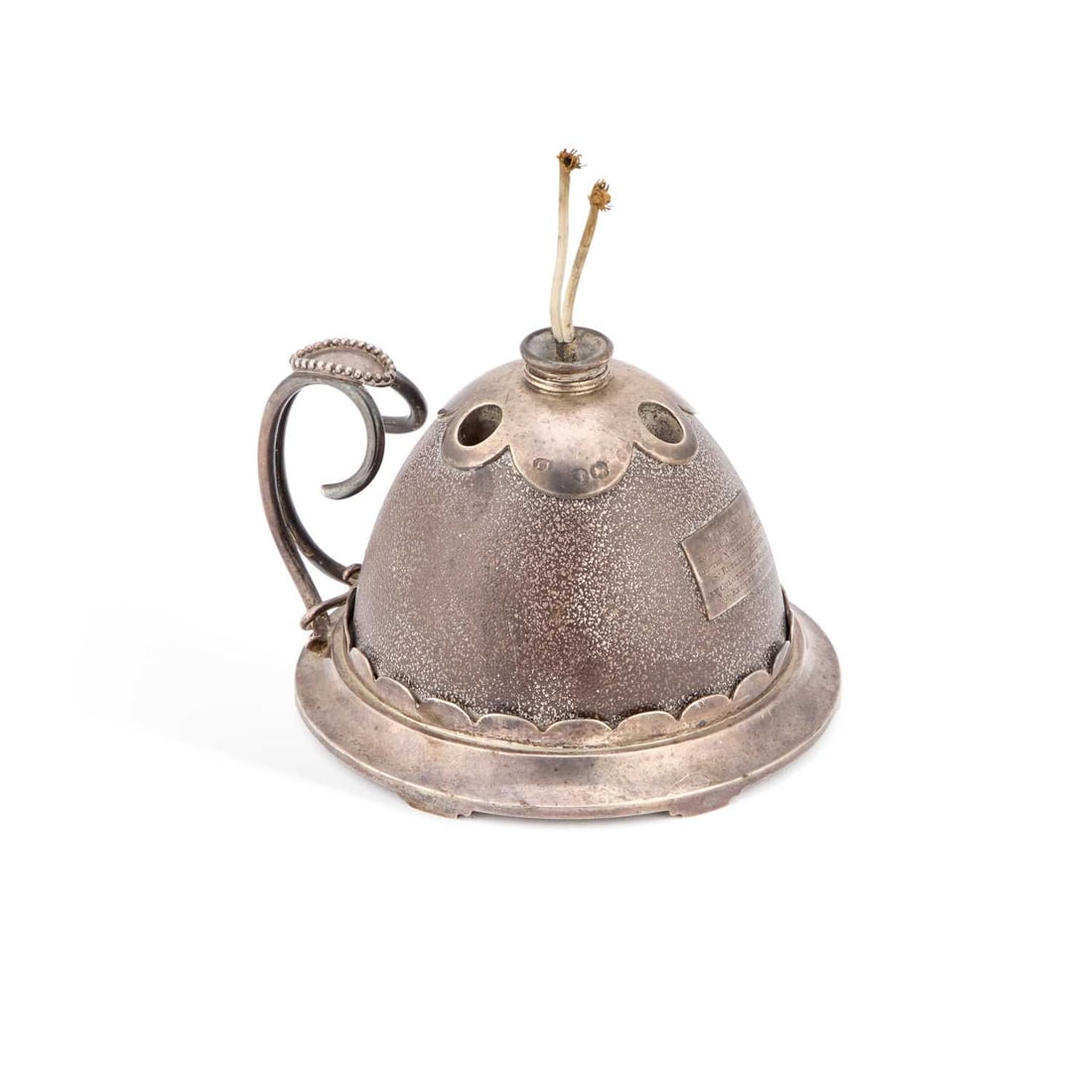 A VICTORIAN SILVER-MOUNTED TABLE LIGHTER: A VICTORIAN SILVER-MOUNTED TABLE LIGHTER by Thomas Johnson I, London 1877, of domed circular form with a bifurcated scroll handle and beaded thumbpiece, the dome surmounted by a lighter and three rece