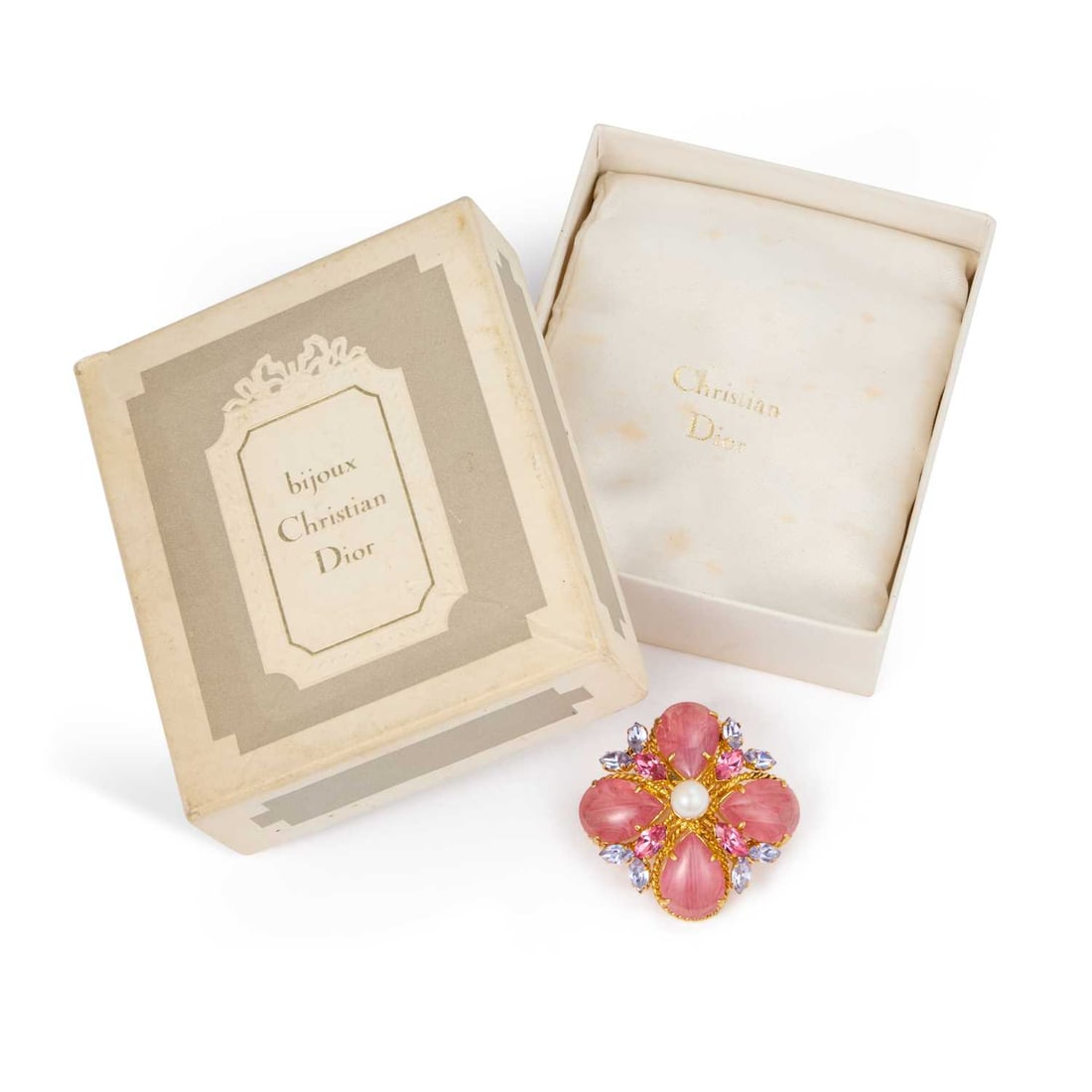 CHRISTIAN DIOR, A SIMULATED PEARL AND PASTE CLUSTER BROOCH: CHRISTIAN DIOR, A SIMULATED PEARL AND PASTE CLUSTER BROOCH dated 1966, with box. 4cm diameter Good condition