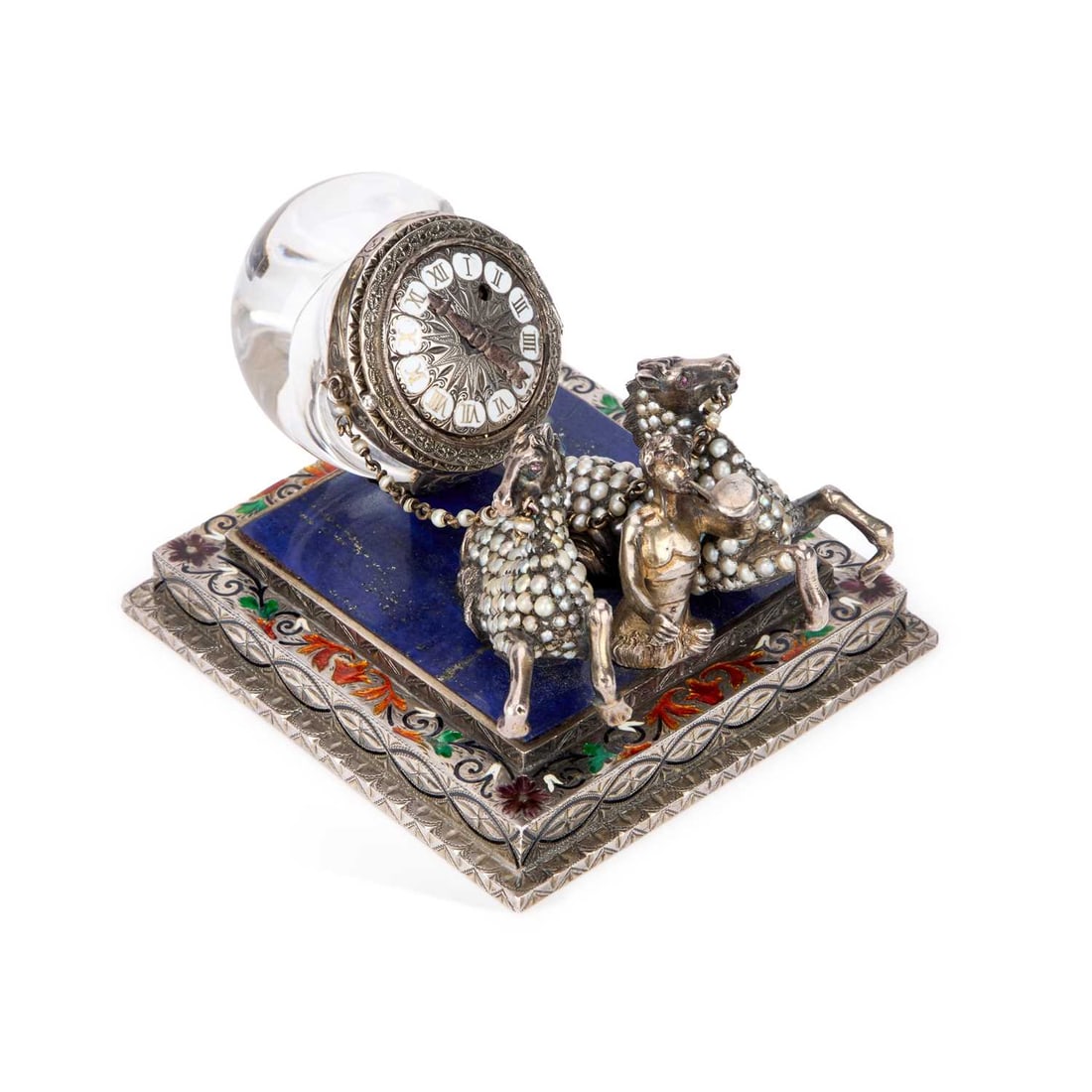 A FINE 19TH CENTURY VIENNESE ROCK CRYSTAL, LAPIS LAZULI AND PEARL-SET CLOCK: A FINE 19TH CENTURY VIENNESE ROCK CRYSTAL, LAPIS LAZULI AND PEARL-SET CLOCK silver with enamelled foliate decoration, on a lapis lazuli base, the clock case modelled as a snail with a rock crystal she