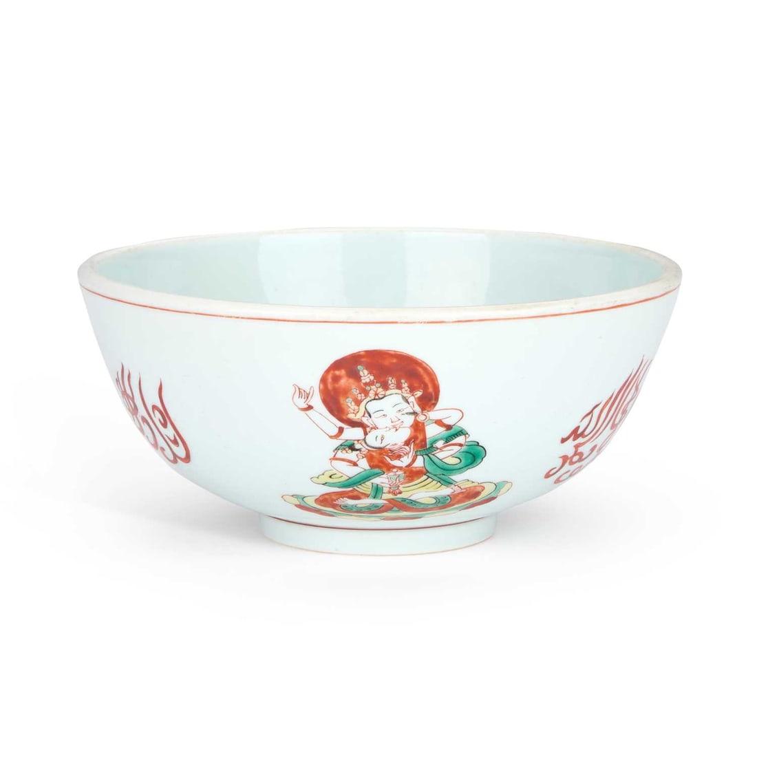 A CHINESE FAMILLE VERTE PORCELAIN BOWL: A CHINESE FAMILLE VERTE PORCELAIN BOWL of circular form with rounded sides, the exterior painted with Buddhist figures, the interior with a carp, bearing an underglaze blue six-character mark within d