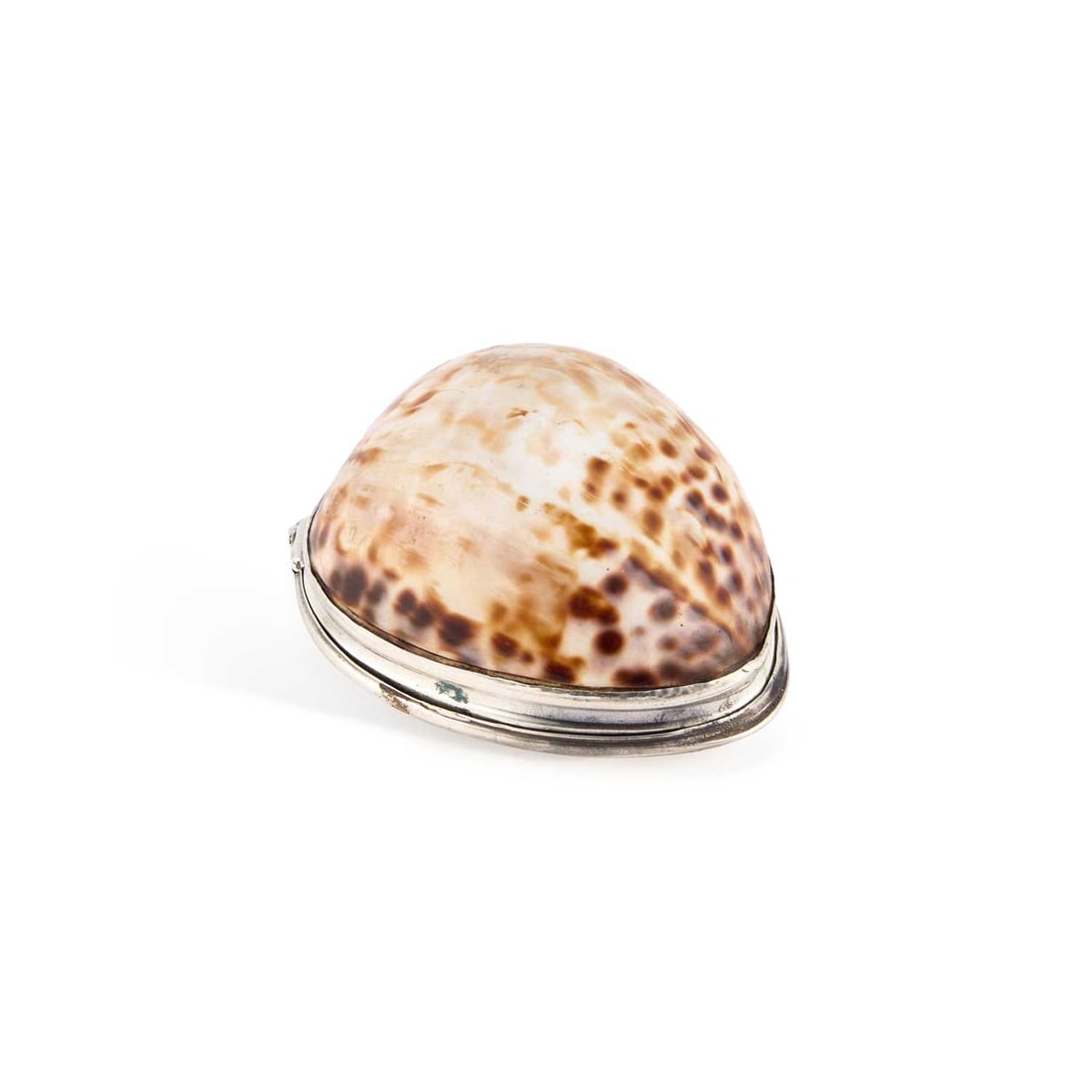 AN 18TH CENTURY SILVER-MOUNTED COWRIE SHELL SNUFF MULL (1 of 2)