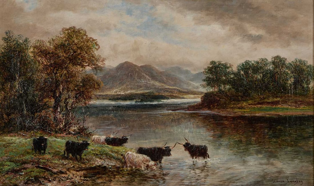 WILLIAM LANGLEY (FL 1890-1920) HIGHLAND CATTLE WATERING: WILLIAM LANGLEY (FL 1890-1920) HIGHLAND CATTLE WATERING Signed Oil on canvas (30cm x 50cm)