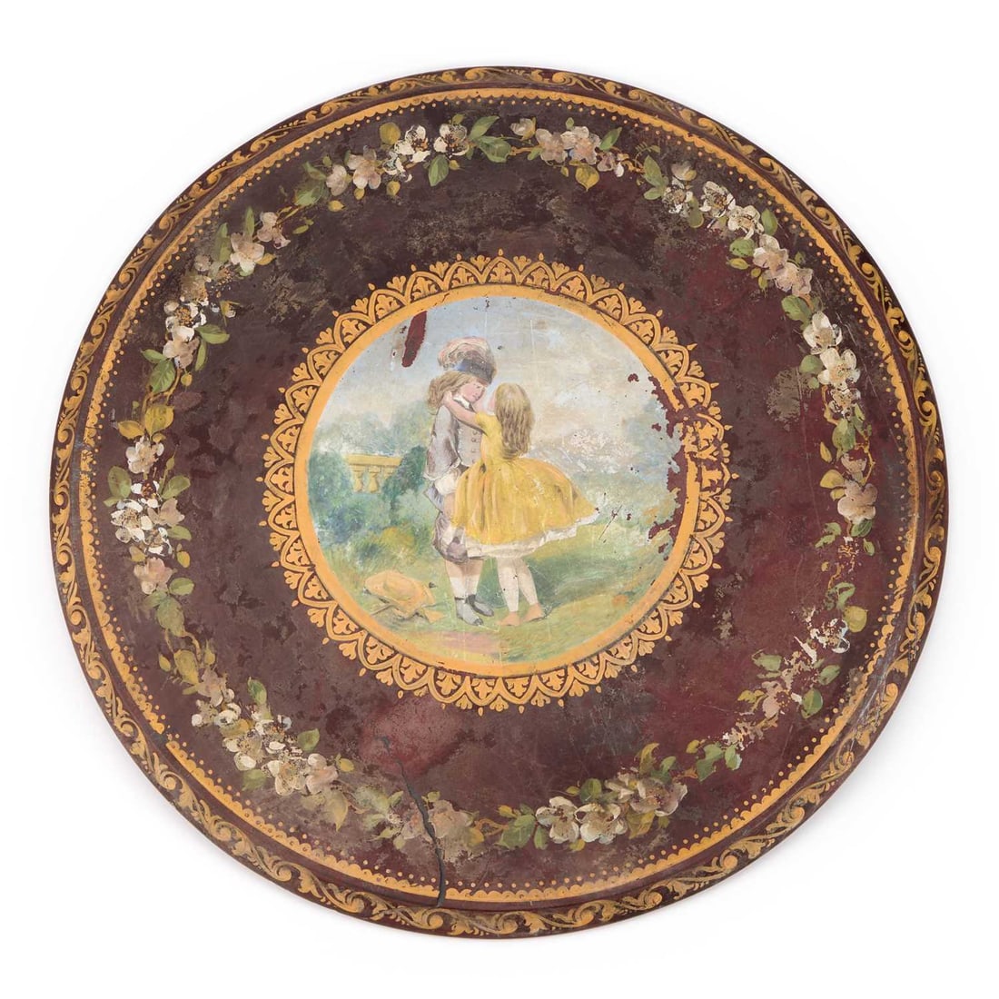 AN UNUSUAL VICTORIAN PAINTED SLATE TABLE TOP: AN UNUSUAL VICTORIAN PAINTED SLATE TABLE TOP 51cm diameter