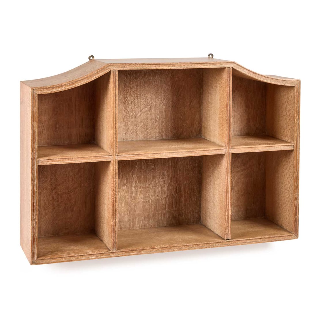 AMBROSE HEAL FOR HEAL'S, A LIMED OAK HANGING CABINET EARLY 20TH CENTURY: AMBROSE HEAL FOR HEAL'S, A LIMED OAK HANGING CABINET EARLY 20TH CENTURY with six open recesses. 51cm high, 76cm wide