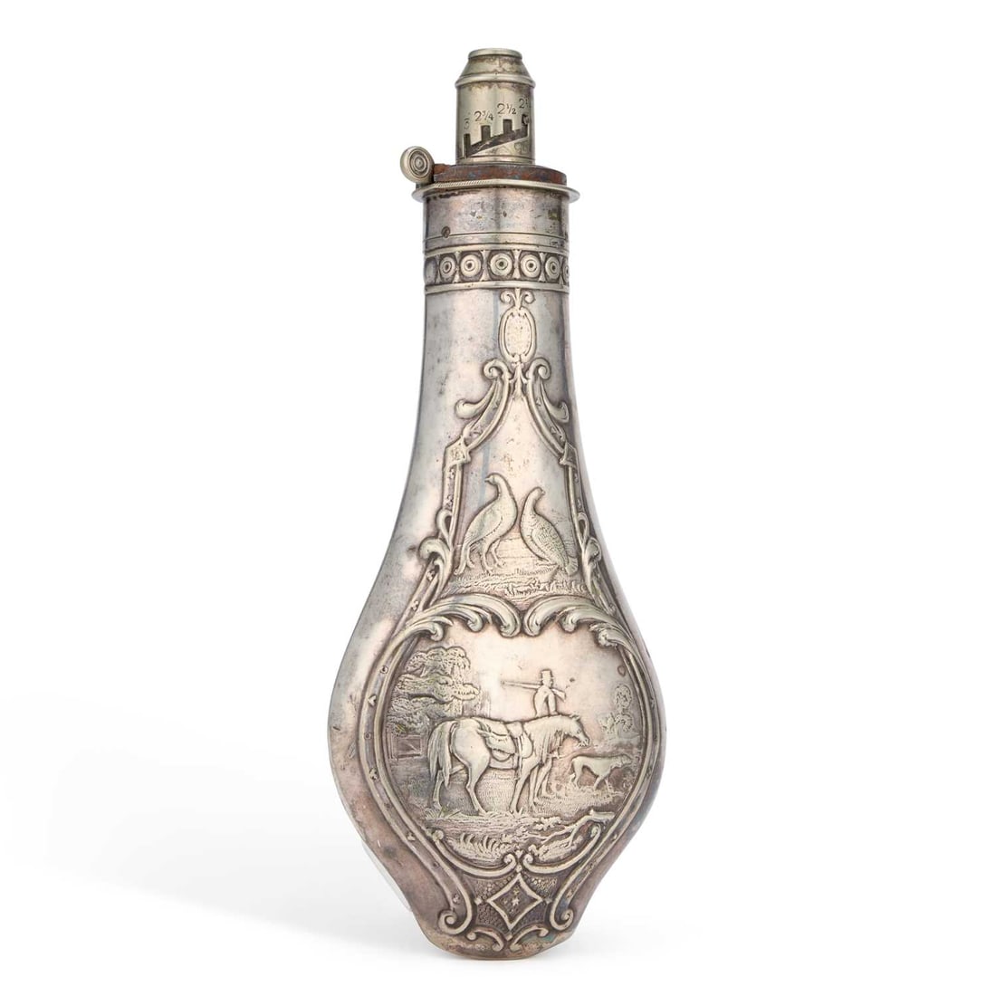 A FINE VICTORIAN SILVER-PLATED POWDER FLASK: A FINE VICTORIAN SILVER-PLATED POWDER FLASK unsigned, the front chased with an unmounted huntsman, horse and hound below a pair of game birds, the reverse decorated with C-scrolls and Classical orname