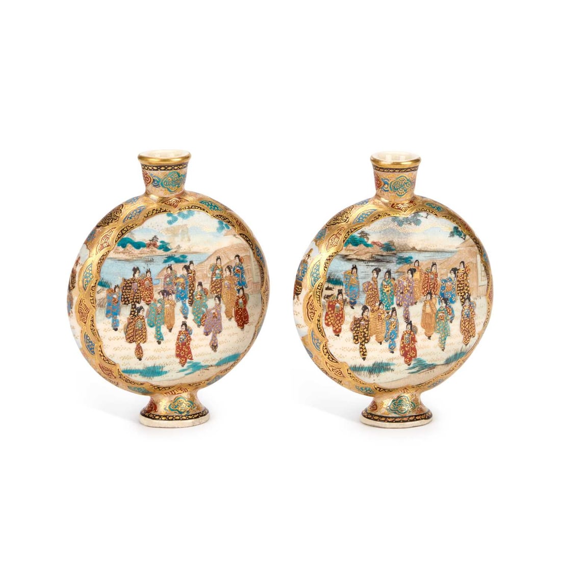 A PAIR OF JAPANESE SATSUMA MOONFLASKS EARLY 20TH CENTURY: A PAIR OF JAPANESE SATSUMA MOONFLASKS EARLY 20TH CENTURY each painted with bijin to the front and back, signed. (2) 12cm high