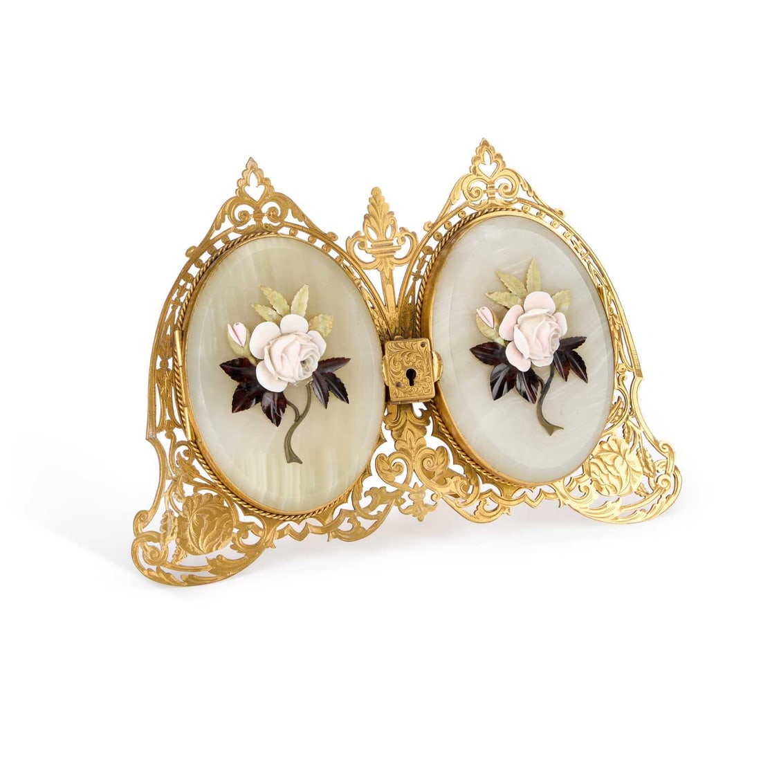 A GOOD VICTORIAN PIERCED AND ENGRAVED GILT-BRASS STRUT-BACK DOUBLE PICTURE FRAME CIRCA 1870 (1 of 2)