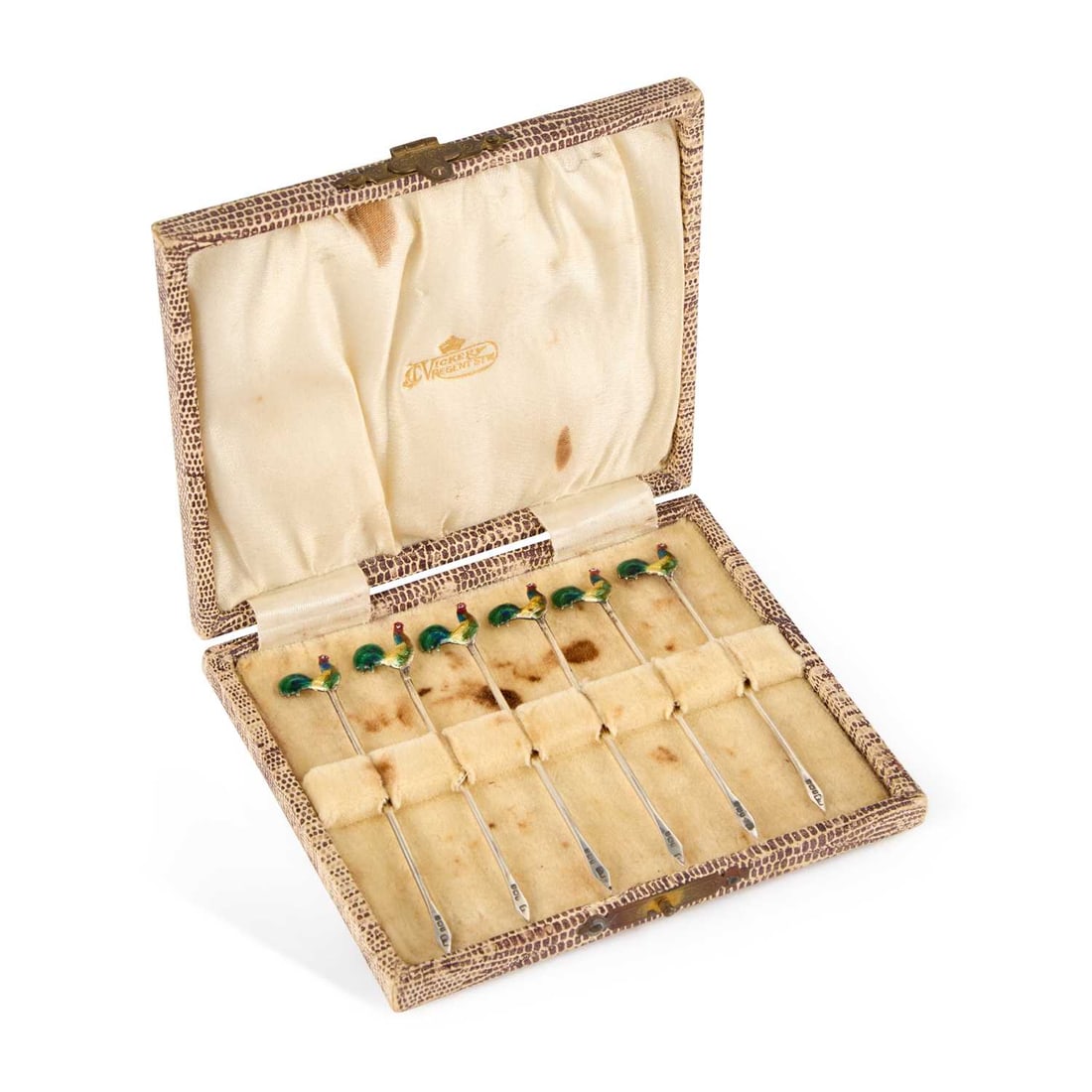 A SET OF SIX GEORGE V SILVER AND ENAMEL COCKTAIL STICKS (1 of 5)