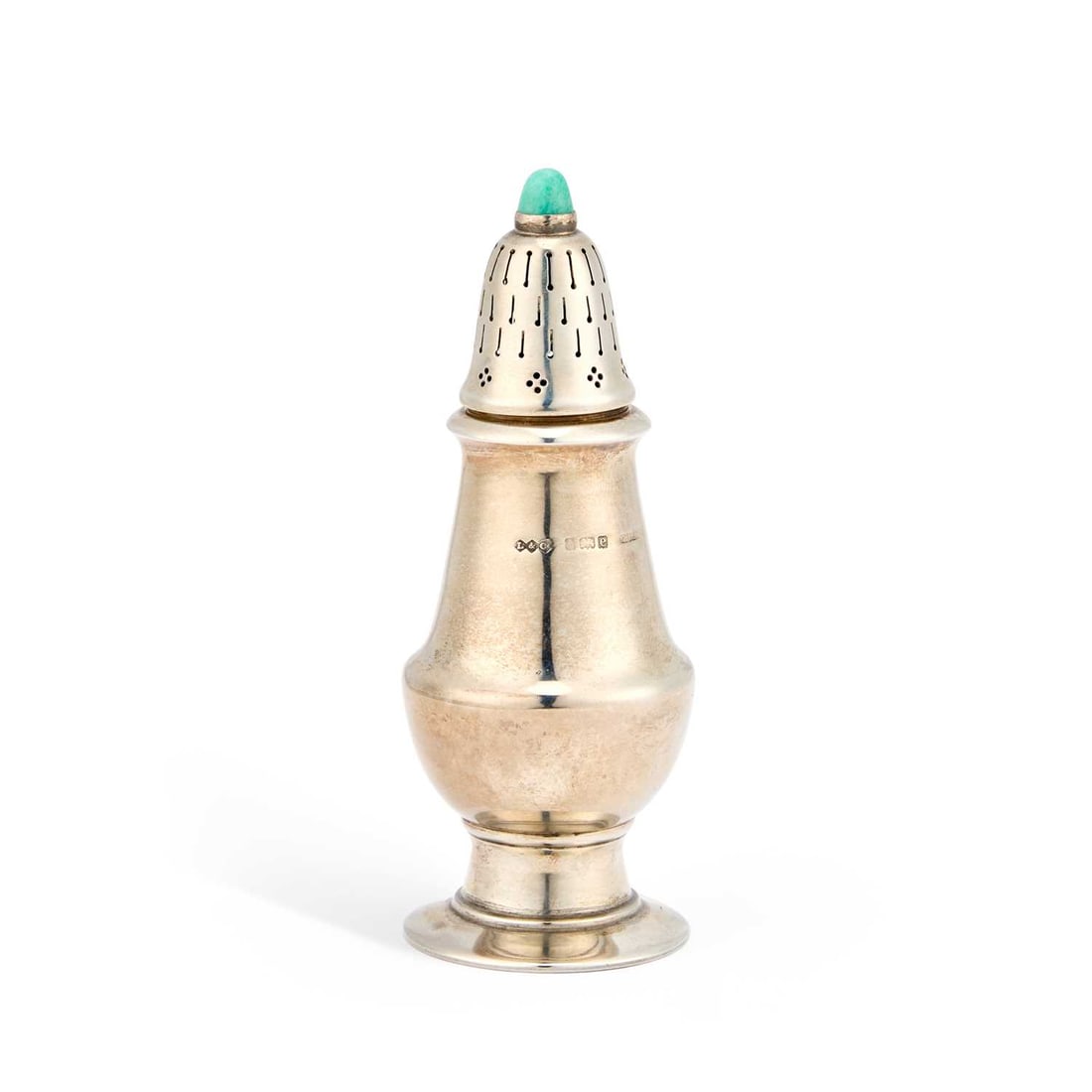 ARCHIBALD KNOX, A LIBERTY & CO CYMRIC SILVER CASTER: ARCHIBALD KNOX, A LIBERTY & CO CYMRIC SILVER CASTER of baluster form with chrysoprase finial, numbered 462. 12cm high, 2.6 troy ounces