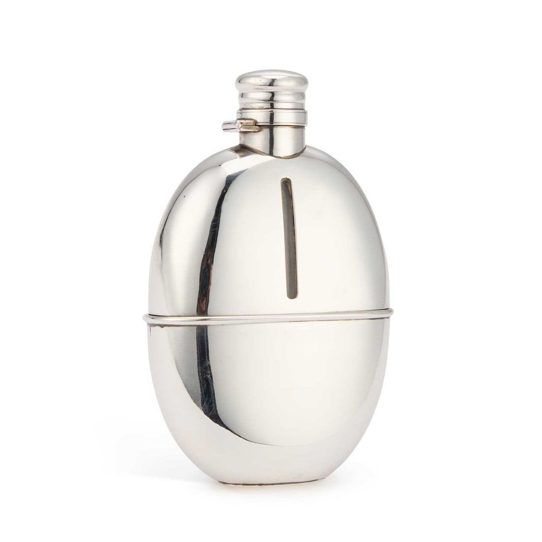 A VICTORIAN SILVER AND GLASS SPIRIT FLASK: A VICTORIAN SILVER AND GLASS SPIRIT FLASK by Sampson Mordan & Co, London 1883, of oval form, shaped for the pocket, with a hinged bayonet cover, a removable cup to the base. 14cm high