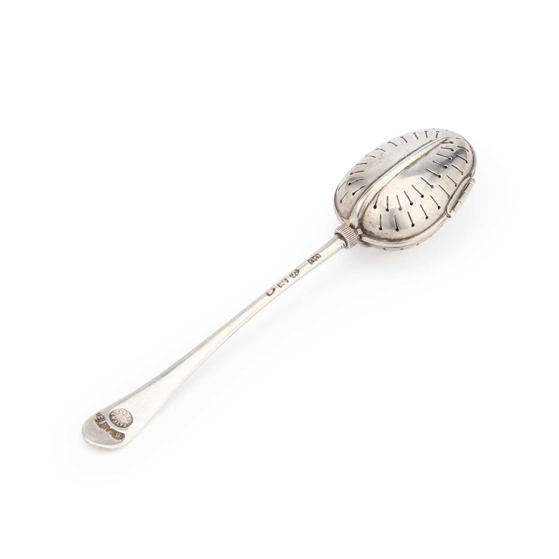 A VICTORIAN SILVER TEA INFUSER: A VICTORIAN SILVER TEA INFUSER by George Gray, London 1893, stamped TEAETTE and Patent 5594 to the finial. 14cm long