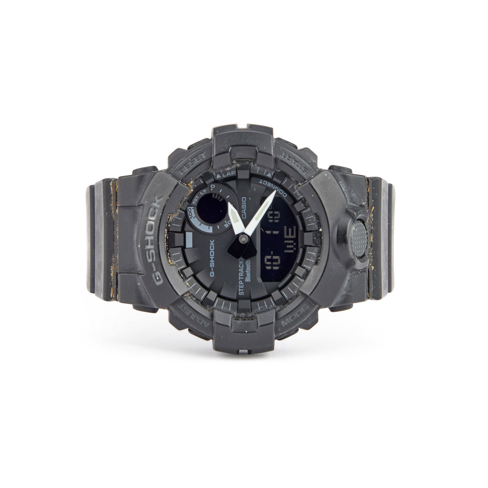 A GENTS CASIO G-SHOCK STRAP WATCH: A GENTS CASIO G-SHOCK STRAP WATCH the black dial signed Casio G-shock Steptracker Bluetooth, with luminous hands, integral strap with pin buckle. Case diameter 49mm Watch is currently functioning but