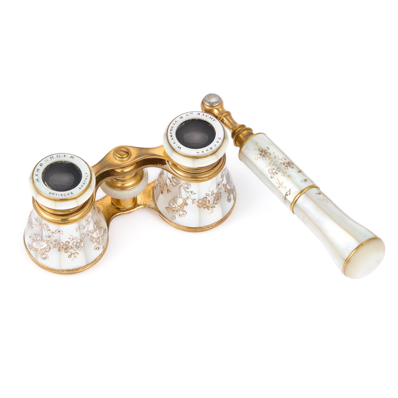 A PAIR OF EARLY 20TH CENTURY BRASS AND MOTHER-OF-PEARL OPERA GLASSES SIGNED W. CAMPBELL & CO,: A PAIR OF EARLY 20TH CENTURY BRASS AND MOTHER-OF-PEARL OPERA GLASSES SIGNED W. CAMPBELL & CO, HAMBURG decorated with silver inlay of ribbon-tied swags. 10cm wide