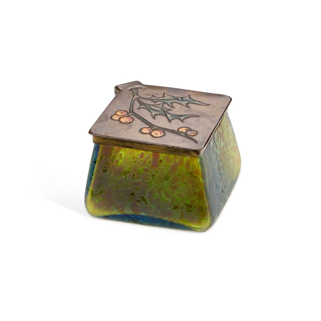 A LOETZ IRIDESCENT GLASS BOX AND COVER: A LOETZ IRIDESCENT GLASS BOX AND COVER of square form with tapering sides, the hinged patinated metal cover incised and enamelled with a sprig of holly. 5.5cm high, 8cm square